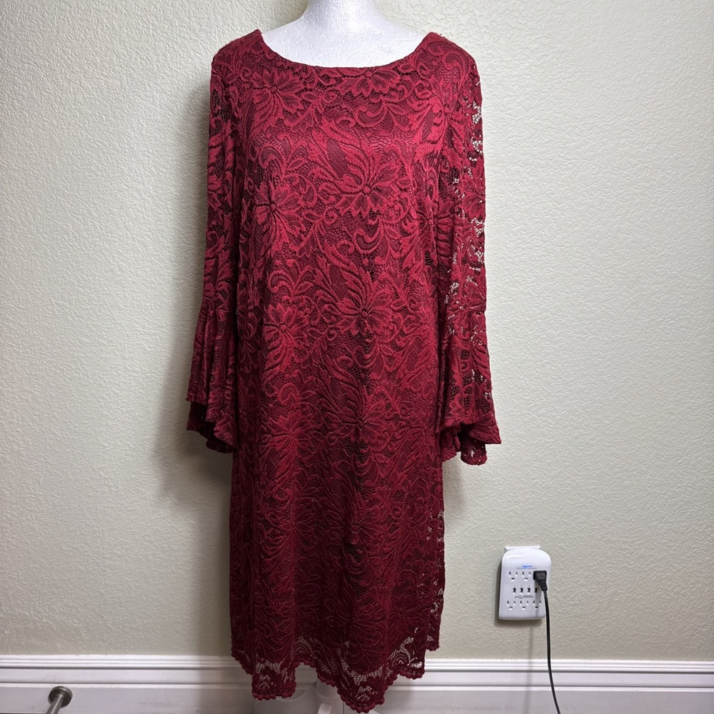 Liz Claiborne Dress 14 Red Lace Bell Sleeve Sheath Holiday Cocktail Wedding Zip